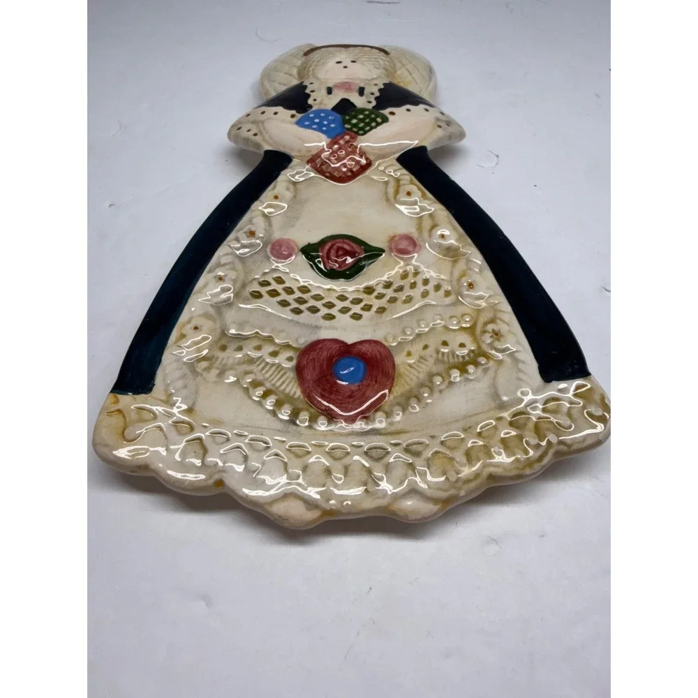 Vintage Hand Painted Ceramic Angel Spoon Rest Folk Art Trinket Dish Black Cream